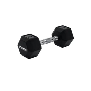 A single black JORDAN Urethane HEX Dumbbell with a silver handle rests on a white surface. Branded "Jordan," this durable, anti-roll weight offers versatile use and stability for lasting gym performance.