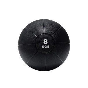 An Attack Fitness Medicine Ball (8kg) in black, featuring a textured surface and grooves with white 8 KGS text at the center, ideal for power, strength & functional training, shown from above on a white background.