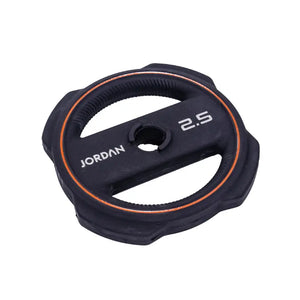 The JORDAN Ignite Pump X™ Rubber Studio Set by Jordan features a black barbell with round, color-rimmed, textured grip plates labeled with their weights, all set against a white background. Sleek design. Studio ready.