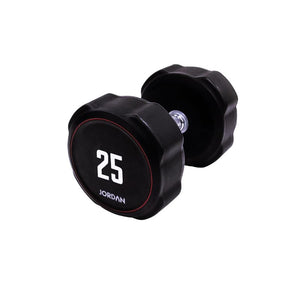 A single black JORDAN Ignite Urethane Dumbbell (1kg) with a silver handle and anti-roll design, branded "Jordan" on the round end, is shown against a white background, highlighting its commercial-grade quality.