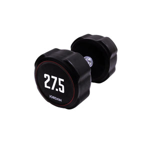 A single black JORDAN Ignite Urethane Dumbbell (1kg) with a silver handle and anti-roll design, branded "Jordan" on the round end, is shown against a white background, highlighting its commercial-grade quality.