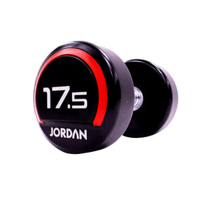 The JORDAN Premium Urethane Dumbbell, a commercial grade black dumbbell with red accents and a white "10" and "Jordan" logo on the end, is ideal for strength training and shown on a white background.