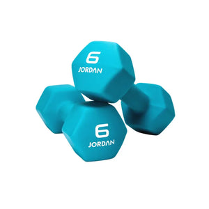 Two black JORDAN Neoprene Studio Dumbbells, each labeled "10 JORDAN" in white, rest on a white surface—stylish, colour-coded hex weights from Jordan for any home or studio gym setup.