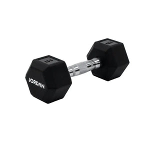 A single black JORDAN Urethane HEX Dumbbell with a silver handle rests on a white surface. Branded "Jordan," this durable, anti-roll weight offers versatile use and stability for lasting gym performance.