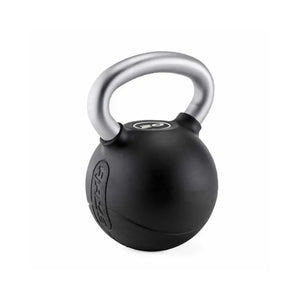 The RAZE Premium Rubber Kettlebell features a smooth black body with an ergonomic chrome handle. The Raze brand logo in raised lettering appears on the side, making it ideal for functional fitness routines. Displayed on a white background.