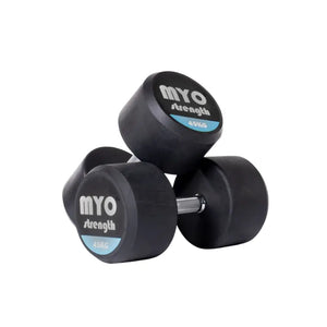 Two MYO Strength Rubber Dumbbells, each labeled 10 KG in black, white, and blue on the end, feature silver handles and a noise-reducing design. Durable and colour-coded, they are shown on a white background.
