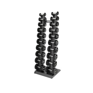 The JORDAN Vertical Dumbbell Storage Racks by Jordan are black, metal, freestanding stands with two bases and slots for 10 or 12 pairs—perfect for organized gyms needing space-saving dumbbell storage.
