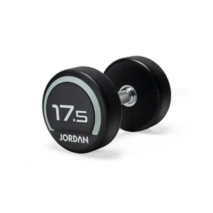 A black and silver Jordan Premium Urethane Dumbbell (commercial grade, 10kg) for strength training is shown on a white background, featuring the "Jordan" name and weight printed on the end.