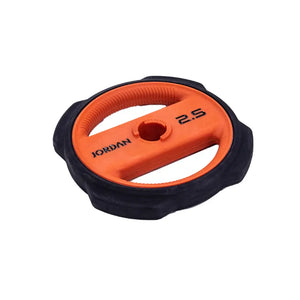 The Jordan JORDAN Ignite Pump X™ Urethane Studio Barbell Set features colored blue, red, and purple weight plates and rests on a white background—ideal for pump-style workouts.