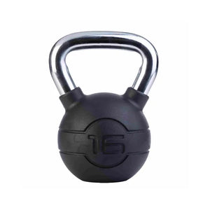 The Jordan Chrome/Rubber Kettlebells – 4kg to 24kg set features a black kettlebell with a chrome handle and "24" embossed on the front. Its durable rubber coating offers added protection, making it ideal for kettlebell enthusiasts. Plain white background.