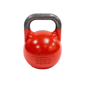 A pink 8kg JORDAN Competition Steel Kettlebell, BSI approved and colour-coded with a black handle and "JORDAN" plus "8KG" embossed on the front, isolated on a white background.