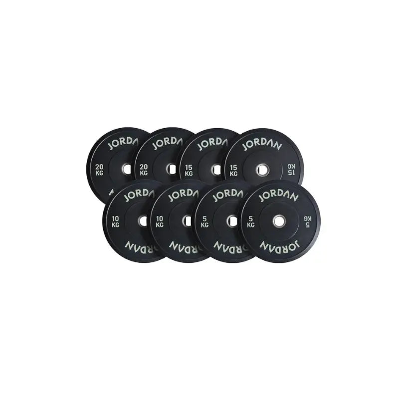 A 5kg JORDAN Rubber Bumper Plate, high-drop tested Olympic weight plate, black with “Jordan” in white lettering around the center hole, shown on a white background.