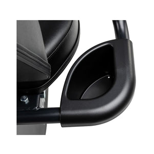 Close-up of a black recumbent exercise bike on a white background