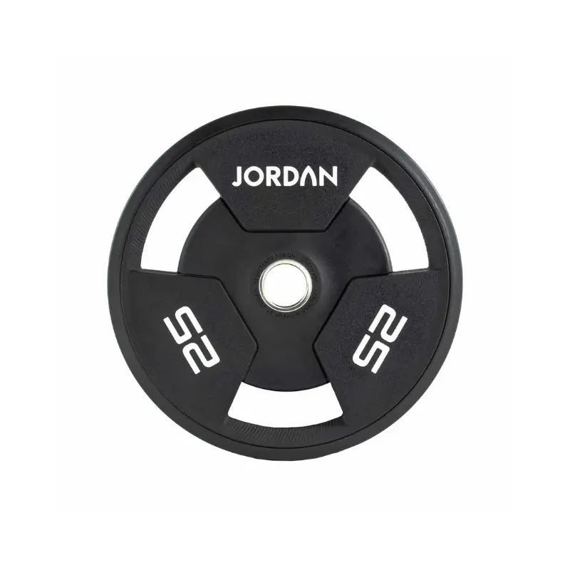 A black JORDAN Urethane Tri-Grip Weight Plate features three grip holes, JORDAN at the top, and 25 twice in white text, showing a 25kg weight. Part of the Jordan Urethane Tri-Grip Weight Plates collection.