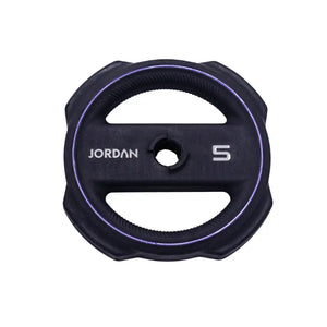The JORDAN Ignite Pump X™ Rubber Studio Set by Jordan features a black barbell with round, color-rimmed, textured grip plates labeled with their weights, all set against a white background. Sleek design. Studio ready.