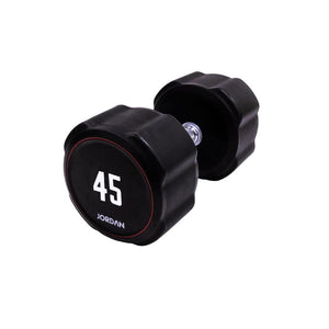 A single black JORDAN Ignite Urethane Dumbbell (1kg) with a silver handle and anti-roll design, branded "Jordan" on the round end, is shown against a white background, highlighting its commercial-grade quality.