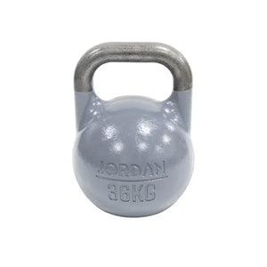 A pink 8kg JORDAN Competition Steel Kettlebell, BSI approved and colour-coded with a black handle and "JORDAN" plus "8KG" embossed on the front, isolated on a white background.