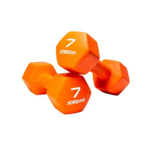 Two black JORDAN Neoprene Studio Dumbbells, each labeled "10 JORDAN" in white, rest on a white surface—stylish, colour-coded hex weights from Jordan for any home or studio gym setup.