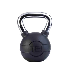 The Jordan Chrome/Rubber Kettlebells – 4kg to 24kg set features a black kettlebell with a chrome handle and "24" embossed on the front. Its durable rubber coating offers added protection, making it ideal for kettlebell enthusiasts. Plain white background.