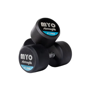 Two MYO Strength Rubber Dumbbells, each labeled 10 KG in black, white, and blue on the end, feature silver handles and a noise-reducing design. Durable and colour-coded, they are shown on a white background.
