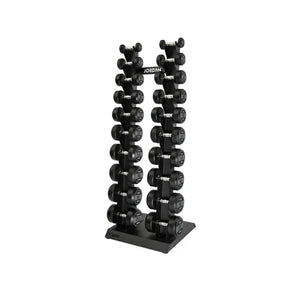 The JORDAN Vertical Dumbbell Storage Racks by Jordan are black, metal, freestanding stands with two bases and slots for 10 or 12 pairs—perfect for organized gyms needing space-saving dumbbell storage.