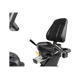 Recumbent exercise bike seat with handles on a white background
