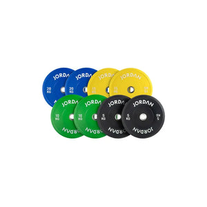 The JORDAN Coloured Rubber Bumper Plate is an Olympic-standard 20kg blue plate, featuring the Jordan brand name in white on both sides. Ideal for anyone seeking IWF-spec coloured rubber plates, shown against a plain white background.