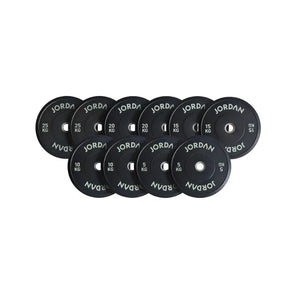 A 5kg JORDAN Rubber Bumper Plate, high-drop tested Olympic weight plate, black with “Jordan” in white lettering around the center hole, shown on a white background.