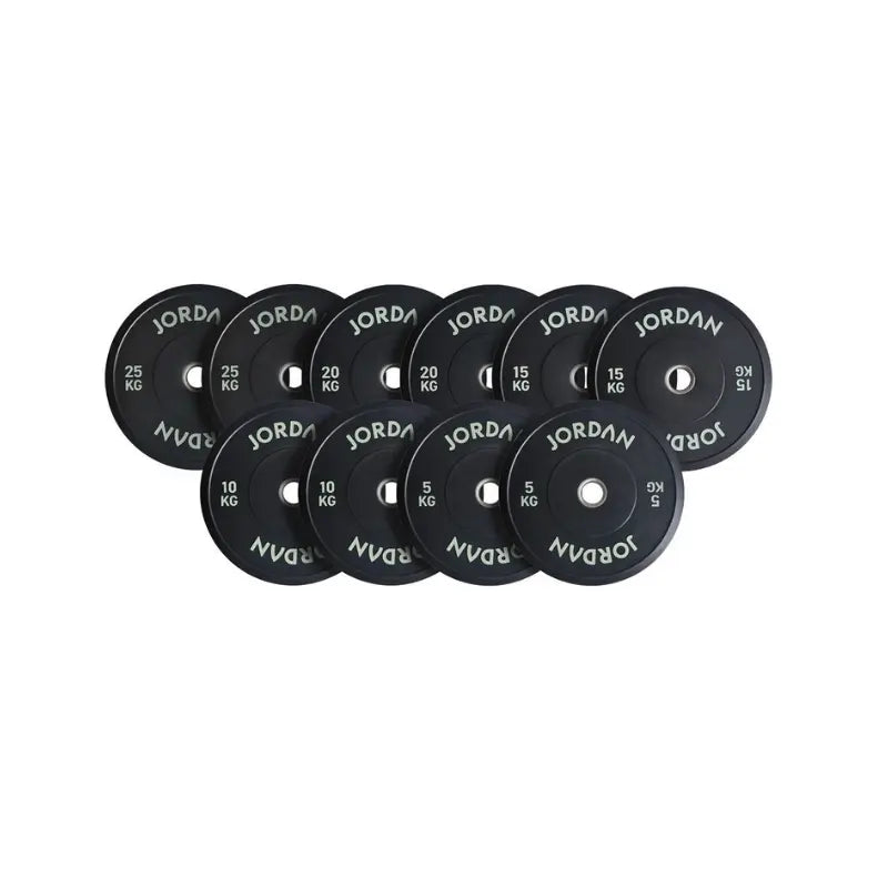 A 5kg JORDAN Rubber Bumper Plate, high-drop tested Olympic weight plate, black with “Jordan” in white lettering around the center hole, shown on a white background.