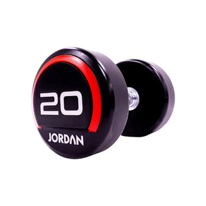 The JORDAN Premium Urethane Dumbbell, a commercial grade black dumbbell with red accents and a white "10" and "Jordan" logo on the end, is ideal for strength training and shown on a white background.