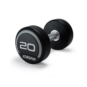 A black and silver Jordan Premium Urethane Dumbbell (commercial grade, 10kg) for strength training is shown on a white background, featuring the "Jordan" name and weight printed on the end.