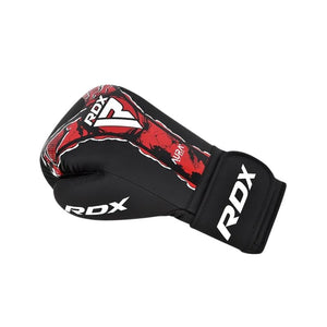 Black and red RDX MMA boxing glove with white branding, shown on a plain white background.