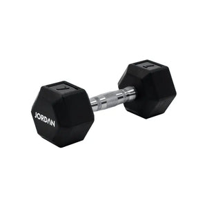 A single black JORDAN Urethane HEX Dumbbell with a silver handle rests on a white surface. Branded "Jordan," this durable, anti-roll weight offers versatile use and stability for lasting gym performance.