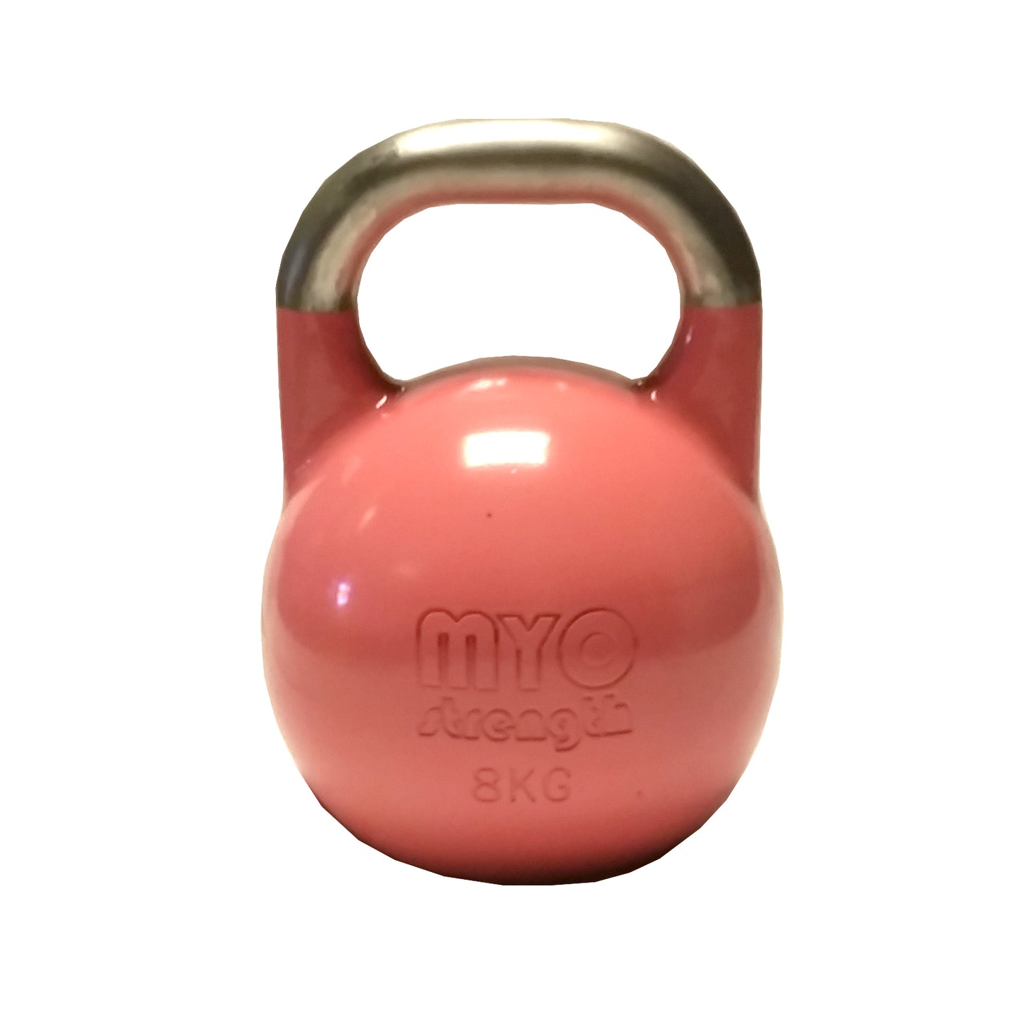 An 28KG MYO Strength Competition Kettlebell by MYO Strength, pink with a smooth silver handle, perfect for functional strength training, shown on a white background.