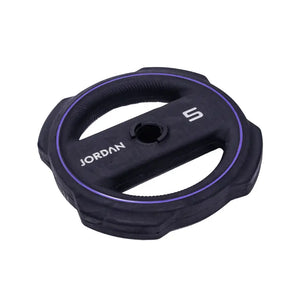 The JORDAN Ignite Pump X™ Rubber Studio Set by Jordan features a black barbell with round, color-rimmed, textured grip plates labeled with their weights, all set against a white background. Sleek design. Studio ready.