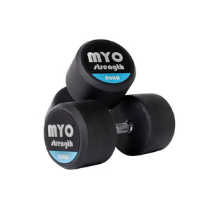 Two MYO Strength Rubber Dumbbells, each labeled 10 KG in black, white, and blue on the end, feature silver handles and a noise-reducing design. Durable and colour-coded, they are shown on a white background.