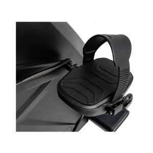 Black recumbent exercise bike pedal with a white background
