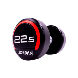 The JORDAN Premium Urethane Dumbbell, a commercial grade black dumbbell with red accents and a white "10" and "Jordan" logo on the end, is ideal for strength training and shown on a white background.
