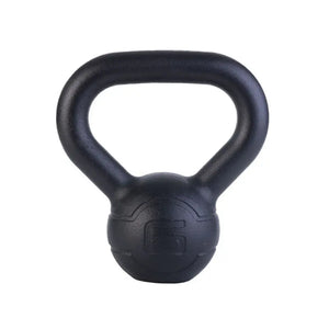 The Jordan JORDAN Cast Iron Kettlebell features a black, rounded body and thick handle with the weight in kg embossed on the front. BSI approved, it's ideal for strength training or home workouts. Shown on a plain white background.