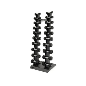 The JORDAN Vertical Dumbbell Storage Racks by Jordan are black, metal, freestanding stands with two bases and slots for 10 or 12 pairs—perfect for organized gyms needing space-saving dumbbell storage.