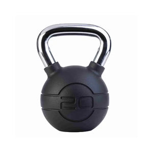 The Jordan Chrome/Rubber Kettlebells – 4kg to 24kg set features a black kettlebell with a chrome handle and "24" embossed on the front. Its durable rubber coating offers added protection, making it ideal for kettlebell enthusiasts. Plain white background.