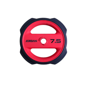 The Jordan JORDAN Ignite Pump X™ Urethane Studio Barbell Set features colored blue, red, and purple weight plates and rests on a white background—ideal for pump-style workouts.