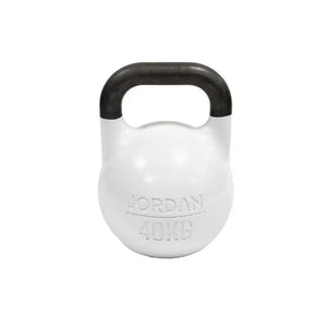 A pink 8kg JORDAN Competition Steel Kettlebell, BSI approved and colour-coded with a black handle and "JORDAN" plus "8KG" embossed on the front, isolated on a white background.