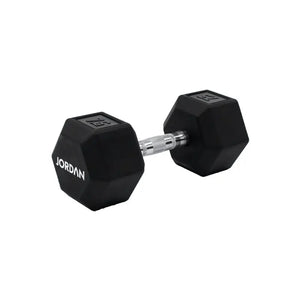 A single black JORDAN Urethane HEX Dumbbell with a silver handle rests on a white surface. Branded "Jordan," this durable, anti-roll weight offers versatile use and stability for lasting gym performance.