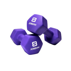 Two black JORDAN Neoprene Studio Dumbbells, each labeled "10 JORDAN" in white, rest on a white surface—stylish, colour-coded hex weights from Jordan for any home or studio gym setup.
