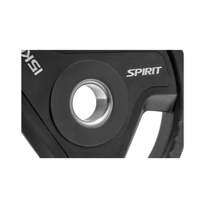 Close-up of a black weight plate with 'Spirit' branding on a white background