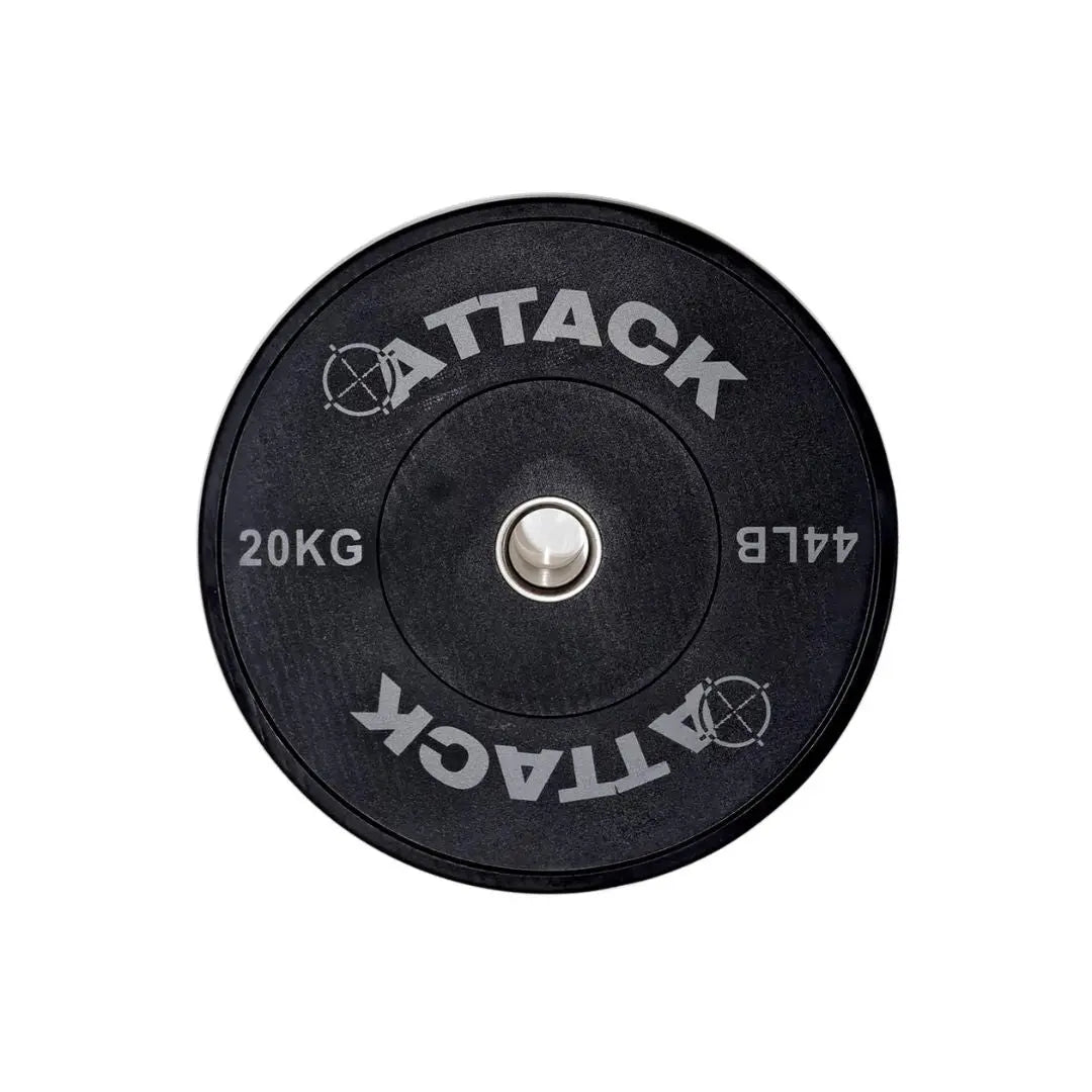 The ATTACK Strength Olympic solid rubber black bumper plate by Attack Fitness features ATTACK with an anarchy symbol for the A, marked 5 KG and 11 LB. Its ideal for weightlifting and strength training with a silver center.