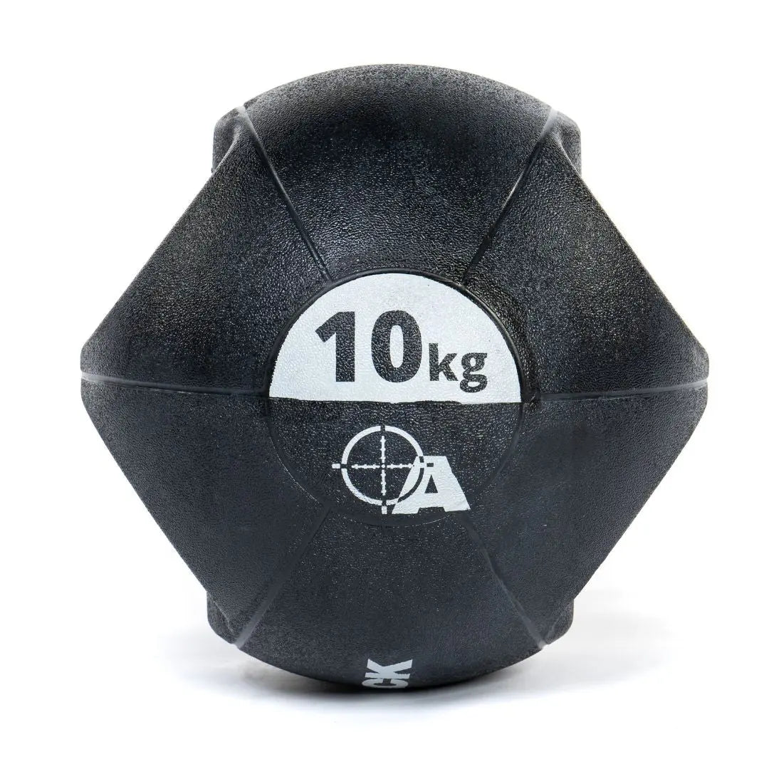 Attack Fitness Double Grip Medicine Ball (3kg) in black features two large side handles, a textured surface, white text, and target graphic—ideal for functional fitness, core strength, and power training.