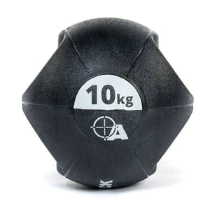 Attack Fitness Double Grip Medicine Ball (3kg) in black features two large side handles, a textured surface, white text, and target graphic—ideal for functional fitness, core strength, and power training.