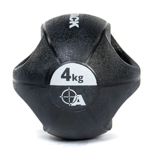 Attack Fitness Double Grip Medicine Ball (3kg) in black features two large side handles, a textured surface, white text, and target graphic—ideal for functional fitness, core strength, and power training.